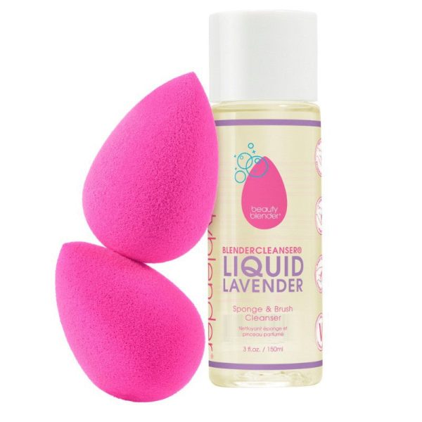 Makiažo kempinėlių rinkinys BeautyBlender Back 2 Basics Rinkinį sudaro: 2 vnt makiažo kempinėlių, skystas valiklis 88 ml +dovana Previa kosmetikos priemonė Online