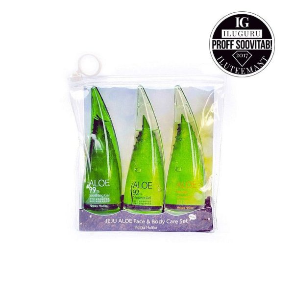 Kūno ir veido odos priežiūros rinkinys Holika Holika Jeju Aloe Face And Bodycare Set Rinkinį sudaro: odą raminantis gelis 55 ml, dušo želė 55 ml ir veido odos prausiklis 55 ml Hot on Sale