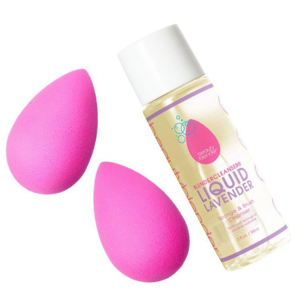 Makiažo kempinėlių rinkinys BeautyBlender Back 2 Basics Rinkinį sudaro: 2 vnt makiažo kempinėlių, skystas valiklis 88 ml +dovana Previa kosmetikos priemonė Online